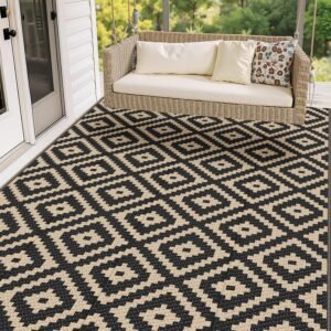 Mattitude Waterproof Outdoor Rug 5×8 Ft Outdoor Plastic Straw Rug Reversible Patio Rug Large Outdoor Carpet Area Rug for Patio Backyard Picnic Beach Camping RV Black & Beige