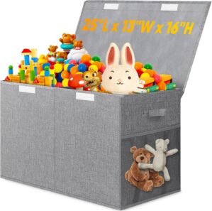 Rocamdo Large Toy Storage Box with Lid Divider, Sturdy Collapsible Toys Organizer Chest Kids Storage Bins Boxes Baskets for Boys, Girls, Nursery, Bedroom, Living Room, Playroom, 25″x13″x16″, Gray