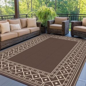GENIMO Outdoor Rug Waterproof for Patio Decor, 5’x8′ Reversible Plastic Straw Rug Carpet, Camping Mat for Outdoor, RV, Backyard, Deck, Balcony, Picnic, Beach, Coffee & Beige