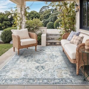 GENIMO Outdoor & Indoor Area Rug 5’x8′, Waterproof, Non-Shedding, Easy Cleaning, Boho Mat for Patio, Living Room, Balcony, Dining Room, RV, Deck, Bedroom, Camping, Outside Carpet,Blue