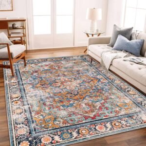 CHAMPLANT 6’x9′ Washable Vintage Area Rug Boho Chic Medallion Distressed Design Non-Shedding Easy Care Ideal for High Traffic Areas in Living Room Bedroom Kitchen Office Large Carpet
