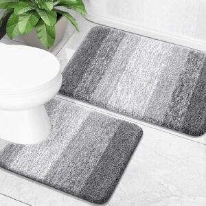 OLANLY Bathroom Rug Set 2 Piece, Soft Absorbent Microfiber Bath Mats and U-Shaped Contour Toilet Rug, Non-Slip, Machine Wash Dry, Plush Shaggy Bath Mats for Bathroom (24″x16″+24″x20″, Grey)