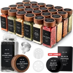 EDELHAUS® Square Spice Jars with Acacia Wooden Lid (Pack of 24) Spice Jars with Shaker Insert and 240 Labels – Acacia Lids Glass Container for Spice Organisation [4.3 in × 1.8 in]