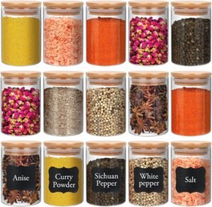 8 oz Glass Jars With Bamboo Lids – Borosilicate Airtight Canisters, Food Storage Container, Pantry Organization, Kitchen Sets, Spice Containers – Set of 15