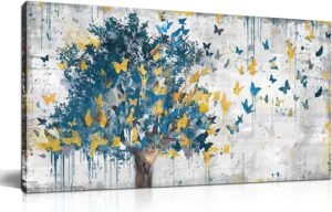 Kepgonegu Large Canvas Wall Art Blue Tree Golden Butterflies Picture Abstract Grey Graffiti Canvas Prints Ready to Hang for Living Room Bedroom Size 20×40