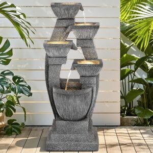 40.5″ Outdoor Fountain, Four-Column & Bowls Water Feature with LED Lights, Modern Resin Soothing Cascading Waterfall for Patio, Backyard, Garden or Porch