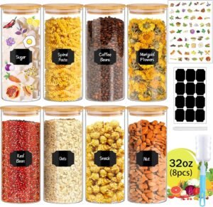 BGraceyy 32 oz 8 Pcs Glass Jars with Bamboo Lids, Stackable Clear Food Storage Jars, Airtight Kichen Glass Pantry Storage Containers with Lids for Rice, Candy, Sugar, Flour, Nuts, Cookie, Coffee Bean