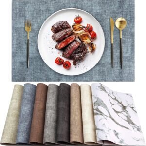 Leather Heat Resistant Placemats Set of 6 Waterproof Wipeable Washable PU Table Mats,Easy to Clean Anti-Slip (6, Blue)