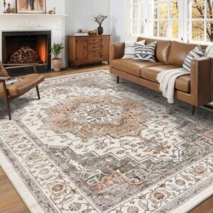 5×7 Area Rugs for Living Room Ultra-Soft Washable Rug Vintage Distressed Boho Area Rug, Non-Slip Retro Print Low Pile Stain Resistant Carpet for Bedroom Dining Room Kitchen Office
