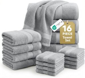 LANE LINEN 100% Cotton Turkish Towel Set for Bathroom – 16 Piece – Super Soft, Quick Dry & Highly Absorbent – 4 Bath, 8 Wash Cloths, 4 Hand Towels – Hotel Quality, Durable & Oeko-TEX Certified – Grey