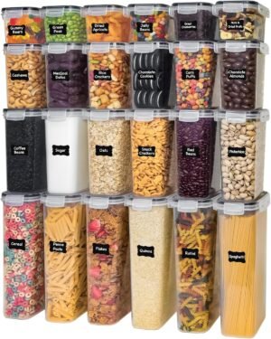 Freshware Kitchen Storage Containers with Lids, 48 PCS Airtight Food Storage Containers, Plastic Kitchen Containers, Pantry Containers for Cereal, Dry Food, Includes Labels, Marker & Measuring Spoons