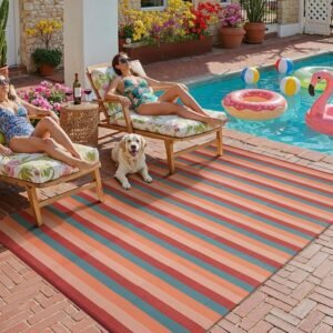 PureCozy Outdoor Waterproof Patio Rug 5×8 Plastic Straw Reversible Outside Orange Red Colorful Striped Carpet Lightweight Large Rug for Camping RV Porch Deck Balcony Beach