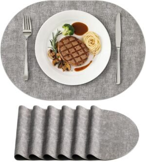 homing Placemats Set of 6, Heat Resistant Oval Faux Leather Place Mats 11.8 x 17 Inch, Waterproof Wipeable Reversible PU Placemat for Kitchen Dining Table, Indoor & Outdoor, Light Grey