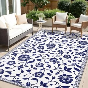 OLANLY Waterproof Outdoor Rug 5×8 ft, Outdoor Plastic Straw Rug with Flower Pattern, Reversible RV Mat for Patio, Camping, Balcony, Deck, Backyard, Navy & White
