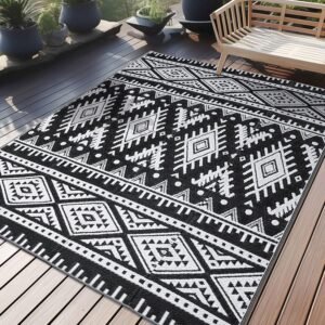 OLANLY Outdoor Rug Waterproof 5×8 ft, Reversible Outdoor Plastic Straw Rug, Boho Patio Rug, Indoor Outdoor Carpet, RV Mat Outside for Patio, Camp, Picnic, Balcony, Deck, Backyard, Black & White