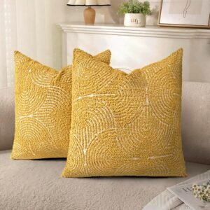 AELS Boho Decorative Textured Throw Pillow Covers 18×18, Organic Modern Mid Century Rainbow Tufted Pillow Case, Farmhouse Rustic Geometric Woven Cushion Case for Bed Couch Sofa, Mustard Yellow