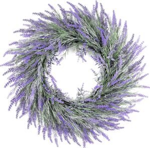 HUZIYAHAN Spring Summer Lavender Door Wreath 21Inch Front Door Wreath All Seasons Wreaths Purple Artificial Lavender Wreaths for Outdoor Outside Indoor Window Home Rustic Farmhouse Decorations