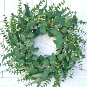 Spring Wreath 22 Inch Spring Summer Wreaths with Eucalyptus Leaves and Berries Seasons Green Eucalyptus Wreath for Farmhouse Porch Front Door Wall Decor and Year Round Use