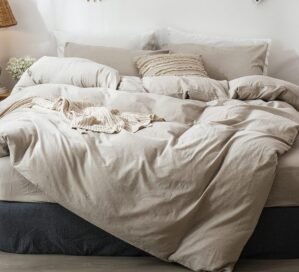 MooMee Bedding Duvet Cover Set 100% Washed Cotton Linen Like Textured Breathable Durable Soft Comfy (Heathered Tannish Linen Grey, King 104″x90″)