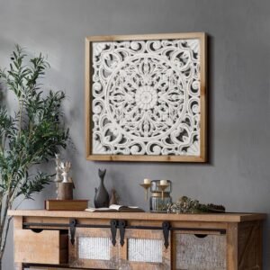 XIAOAIKA Boho Carved Wood Wall Sculpture, Intricate Floral Mandala Design with Distressed White Finish, Vintage Farmhouse Wall Art Panel with Solid Wood Frame for Bedroom Entryway (22.5″ x 22.5″)