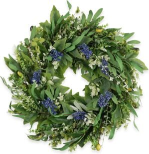 HomeKaren Wreaths for Front Door 22″, Door Spring Wreath with Eucalyptus Olive Boxwood Leaves, Greenery Wreath Door Decoration for Spring Summer All Season Home and Outdoor