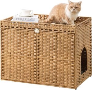 SETVSON Cat Litter Box Enclosure Furniture, Handwoven Rattan Hidden Litter Box with Mat, Large Space Cat House with 2 S-Shaped Hooks 30.3 x 18.3 x 24.4 Inches, Indoor for Living Room Apartment Natural