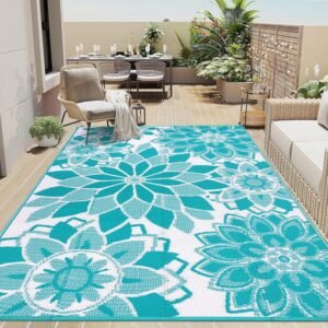 LOKHOM Outdoor Rug for Patio 5×8 ft Reversible Plastic Straw Patio Camping Rug, Floral Waterproof RV Mat for Camper Indoor Outdoor Carpet for Deck Porch Picnic Beach Balcony Backyard, Teal & White