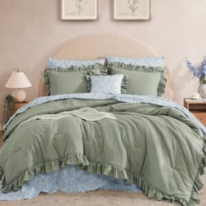 BLOOMHAVEN Queen Comforter Set – 7 Pieces Ruffle Sage Green Bedding Sets, Shabby Chic Farmhouse Bed in a Bag Queen with Ruffle Comforter, Floral Sheets, Pillowcases & Shams
