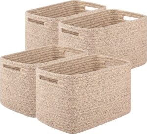 OIASKET Storage Baskets for Organizing, Woven Decorative Baskets for Shelves – Books, Towels, and Clothes, Cotton Rope Toy Storage Bins, 12.7”Lx9”Wx7.8”H, Pack of 4, Brown