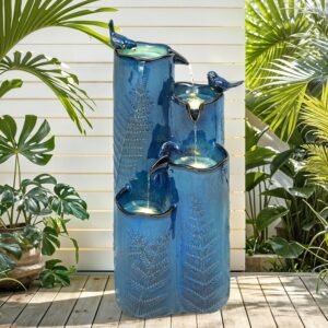 AUTODAYA 32″ H Ceramic Outdoor Water Fountain, 4-Tier Tropical Cascading Waterfall with LED, Turquoise Glaze & Embossed Fern Pattern, Bird-Attracting Water Feature for Garden Patio Yard & Porch Decor