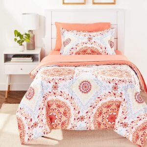 Amazon Basics Twin/Twin XL Lightweight Microfiber Comforter Bedding Set with Printed Sheets, 5-Piece Bed-in-a-Bag, Coral Medallion