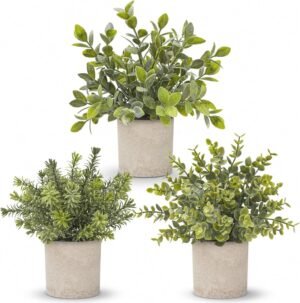Der Rose 3 Pack Mini Potted Fake Plants Artificial Plastic Eucalyptus Plants Topiaries for Home Office Desk Farmhouse Shelf Room Bathroom Decor(Sage Green)