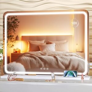 Hasipu Vanity Mirror with Lights, 22.8″ x 18″ LED Makeup Mirror, Lighted Makeup Mirror with Dimmable 3 Modes, Touch Screen Control Vanity Mirror Round White