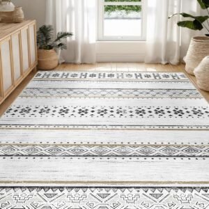 BESTSWEETIE 5×7 Area Rugs for Living Room Washable Moroccan Farmhouse Neutral Geometric Low Pile Non-Slip Soft Print Pattern Rug for Bedroom Kitchen Dining Room Entryway Black/Brown