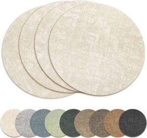 13″ Round Placemats Set of 4, Reversible Faux Leather Heat Resistant Table Mats, 100% Waterproof Oilproof Wipeable Table Protective Placemats for Vinyl, Washable for Indoor & Outdoor Use (4, Beige)