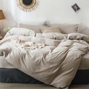 MooMee Bedding Duvet Cover Set 100% Washed Cotton Linen Like Textured Breathable Durable Soft Comfy (Heathered Tannish Linen Grey, Queen 90″x90″)