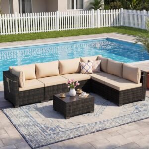 CHABATREE 7pcs Outdoor Patio Furniture Sets,Rattan Conversation Sectional Set,Manual Weaving Wicker Patio Sofa with Tea Table