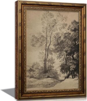 Vintage Gold Framed Wall Art Rustic Farmhouse Gray Natural Sketch Canvas Painting Picture Wall Decor Retro Tree Forest Landscape Poster Print Artwork for Living Room Bedroom Bathroom