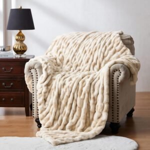 WDCOZY Ruched Faux Fur Throw Blanket Soft Cozy Fluffy Luxurious Blankets Couch Bed Sofa Chair Home Decor Warm Furry Fall Winter Plush Rabbit Fur Bubble Blanket 50″ x 60″, Caramel Beige Camel Neutral