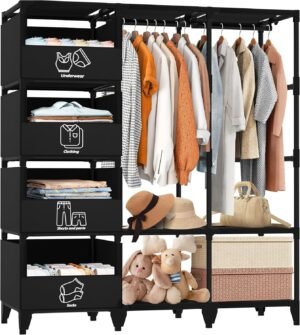 Portable Closet, Easy Assembly, Large Capacity Wardrobe Closet, Sturdy and Stable Clothes Rack with Shelves 4 Storage Baskets and 2 Hanging Rods, for Bedroom and Cloakroom Black