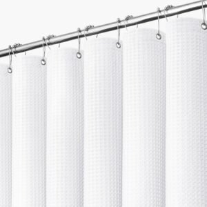 Dynamene White Fabric Shower Curtain, Waffle Weave Heavy Duty Thick Fabric Shower Curtains for Bathroom, 256GSM Weighted Hotel Luxury Cloth Shower Curtain Set with 12 Plastic Hooks, 72Wx72H, White