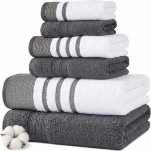 Modern Threads 6-Piece Towel Set – 100% Cotton, Quick Dry, Ultra Absorbent – Includes 2 Bath, 2 Hand, 2 Washcloths (White/Reinhart Charcoal)