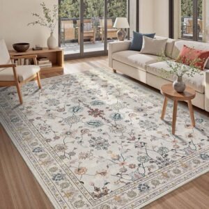 Rugxara 5×7 Area Rugs for Bedroom & Living Room – Washable Floral Boho Vintage Rug,Soft & Non-Slip,Low Pile Wool Carpet for Indoor Dining Room,Girls Room,Nursery Room and Kids Room(Grey)