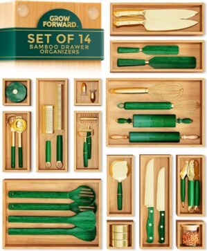 Grow Forward Bamboo Drawer Organizer Boxes – Set of 14 Wooden Drawer Organizers for Kitchen, Bathroom, Office, Desk, Vanity, Makeup – Non-Slip Junk Drawer Organizer Trays for Storage and Organization