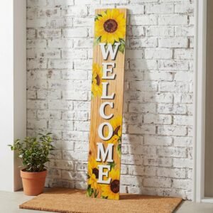 Vertical Wood Welcome Sign for Front Porch Vertical Decorative Sign Front Door Outdoor Indoor Welcome Sign 47.2×7.8 Inch Sunflower Outdoor Decor for Summer Front Porch Decorations.