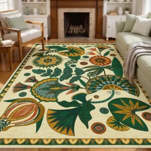 Joydeco Egypt Floral Boho 5×7 Area Rugs for Living Room, Washable Beige Area Rug for Bedroom Playroom Non Slip, Vintage Soft Indoor Carpet for Kitchen Dining Room Entryway Office