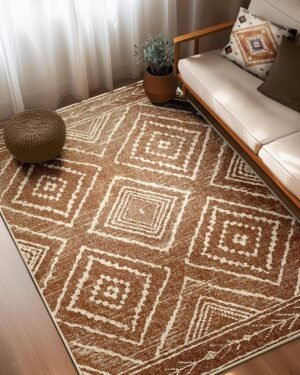 BESTSWEETIE Area Rug 5×7 Rug Machine Washable Non-Slip Low Pile Print Pattern Western Rug for Living Room Bedroom Entryway Tribal Series -Yellowbrown/Cream