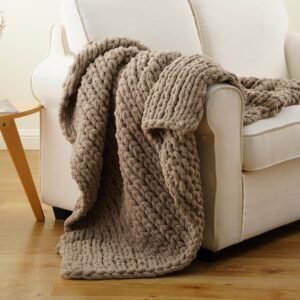 Battilo Beige Chunky Knit Throw Blanket, Soft and Thick Cream Chenille Throw Blanket, 50″x60″ Handmade Cable Knit Crochet Blanket, Cozy Knot Knitted Throw Blankets for Couch Home Decor, Taupe
