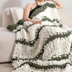 Chunky Knit Blanket Throw 50″×60″ Knitted Throw Blankets for Couch Bed Fluffy Soft Blanket with Jumbo Chenille Yarn Thick 100% Handmade(Olive Green and White)