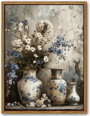 Floating Framed Farmhouse Floral Canvas Wall Art, Vintage Blue and White Flower Pictures Wall Decor, Elegant Art Jar Posters Print for Living Room Bedroom Bathroom Rustic Decor 12×16 inch